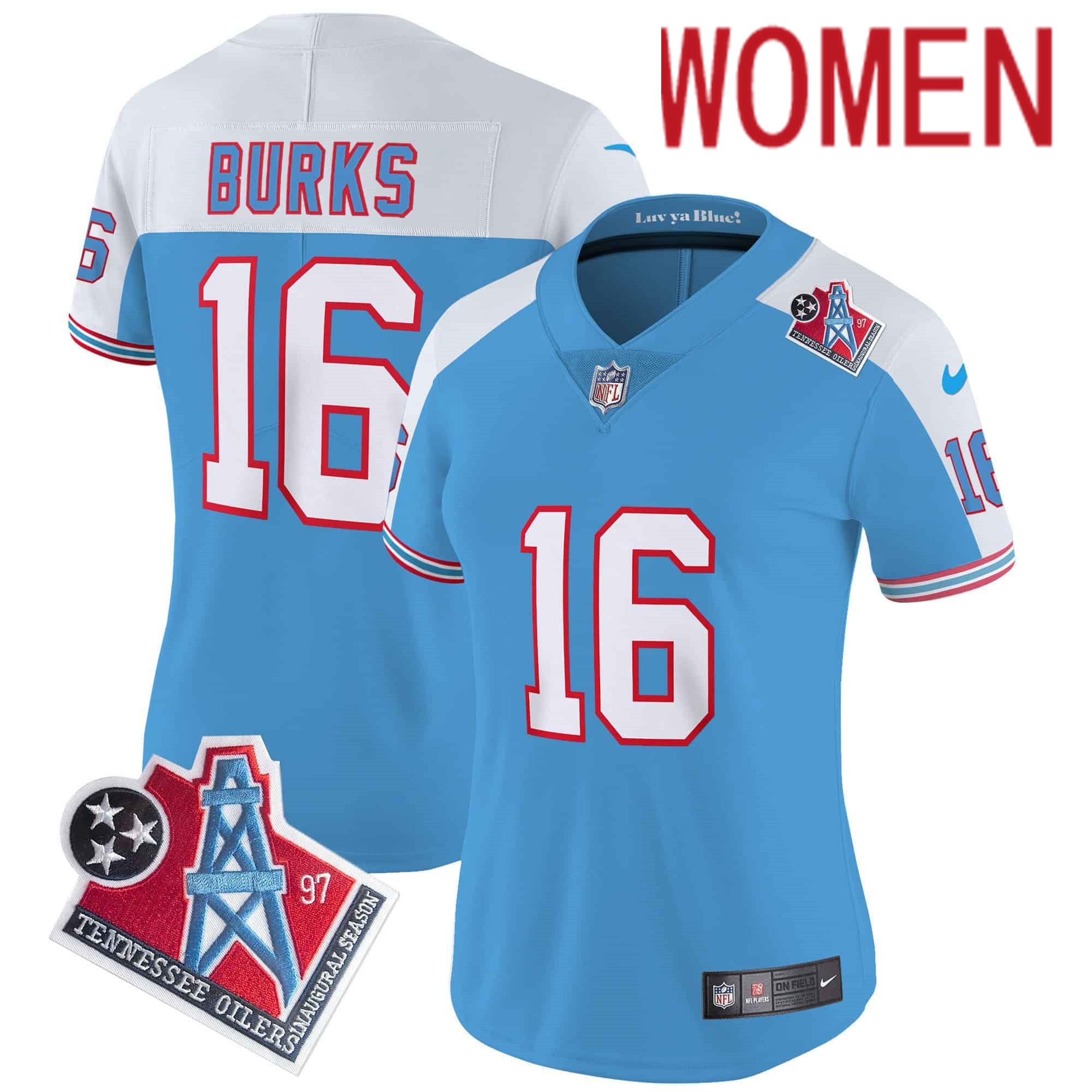 Women Tennessee Titans 16 Burks Light Blue 1997 Throwback 2024 Nike Limited Vapor NFL Jersey style 1